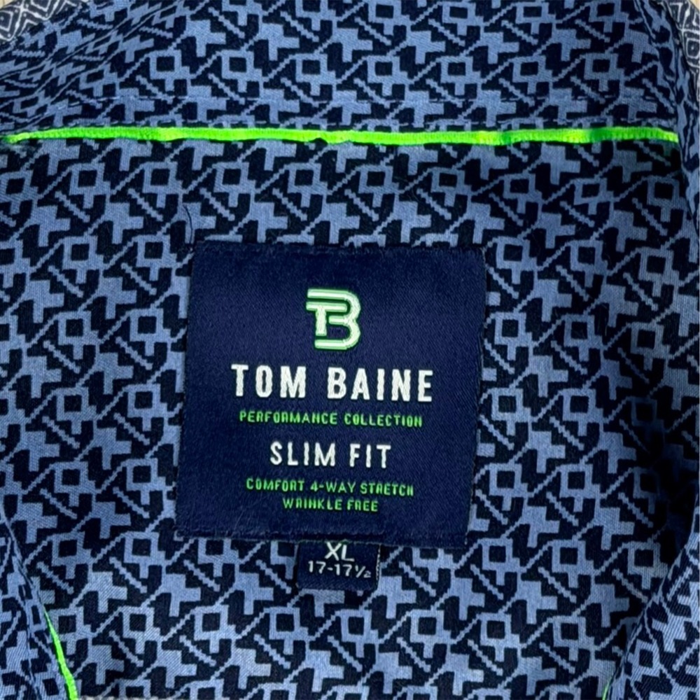 Tom Baine Slim Fit Dress Shirt XL 17-17.5 Blue Geometric Stretch Wrinkle Free - Picture 4 of 9